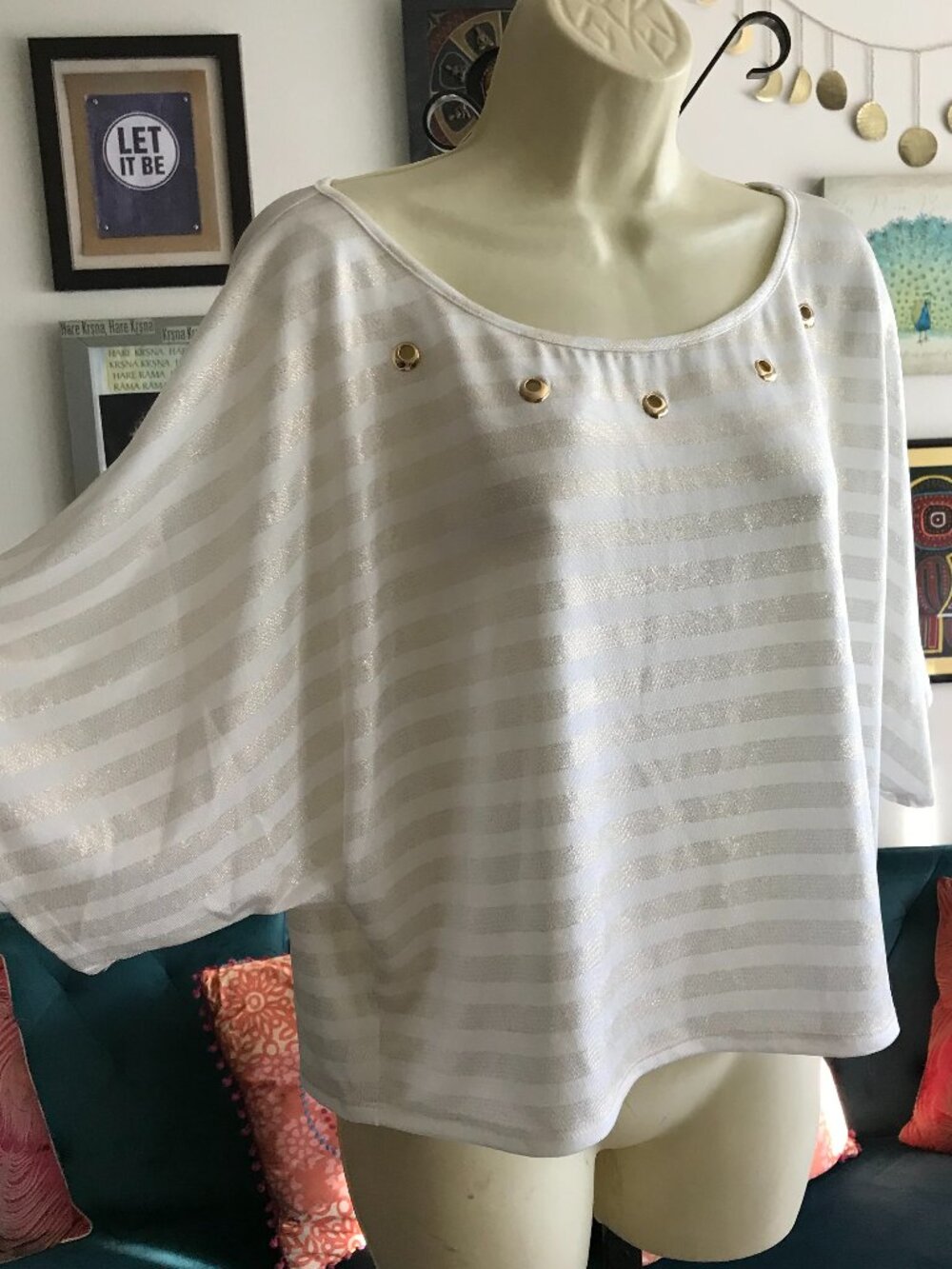 FRANK LYMAN size 14 Cream Striped Jersey Dolman Sleeve Top Grommets